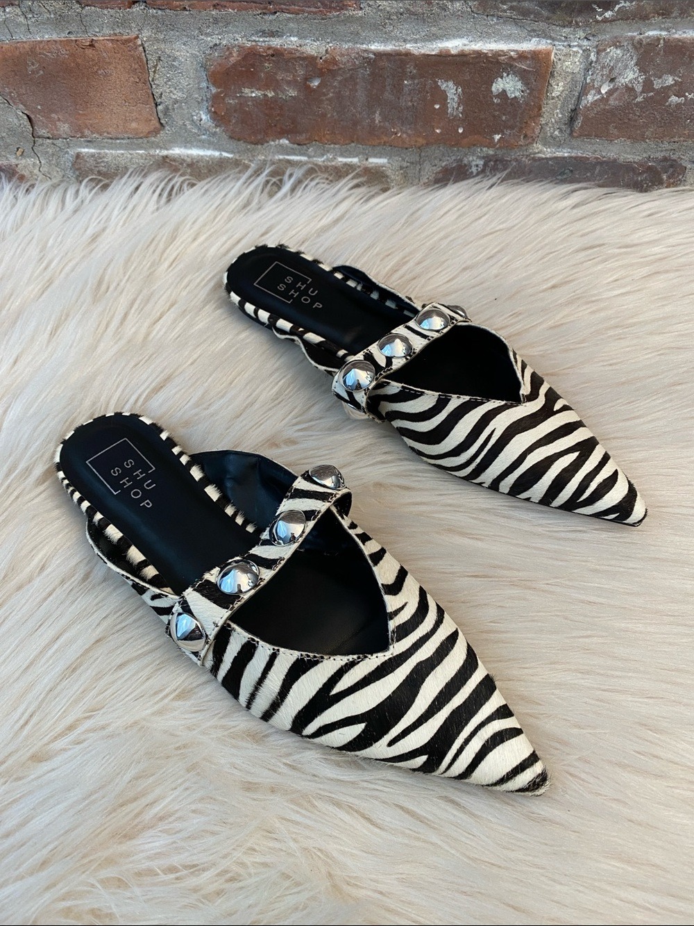 Shu Shop Alma Leather Zebra Hair Studded Pointed Toe Mules, Size 6